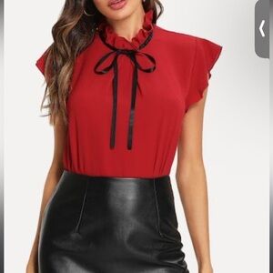 SHEIN Red Ruffle Sleeve Blouse With Bow Accent